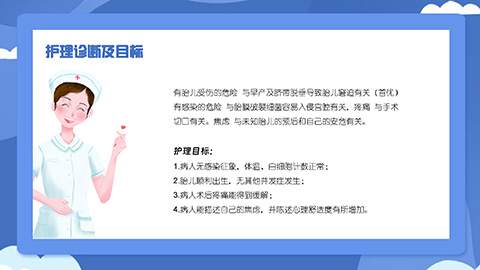 蓝色卡通护士背景胎膜早破病人护理知识讲座PPT模板 相册第8张图 